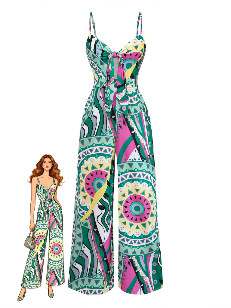 Tuta Lunga Verde con Spalline Sottili Boho Geometrico Mandala Anni '30