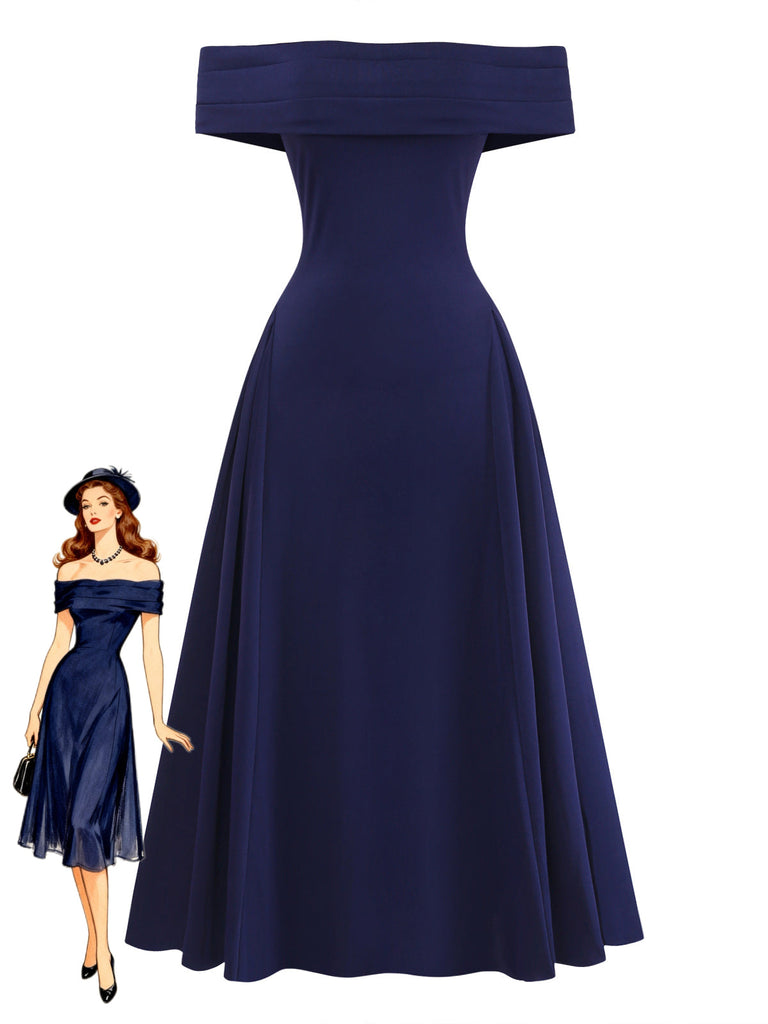 Abito Svasato Spalle Scoperte con Scollo Ripiegato Blu Scuro Anni '50