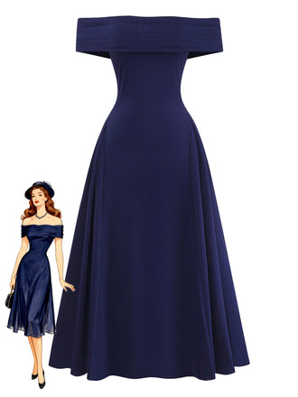 Abito Svasato Spalle Scoperte con Scollo Ripiegato Blu Scuro Anni '50
