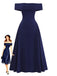 Abito Svasato Spalle Scoperte con Scollo Ripiegato Blu Scuro Anni '50