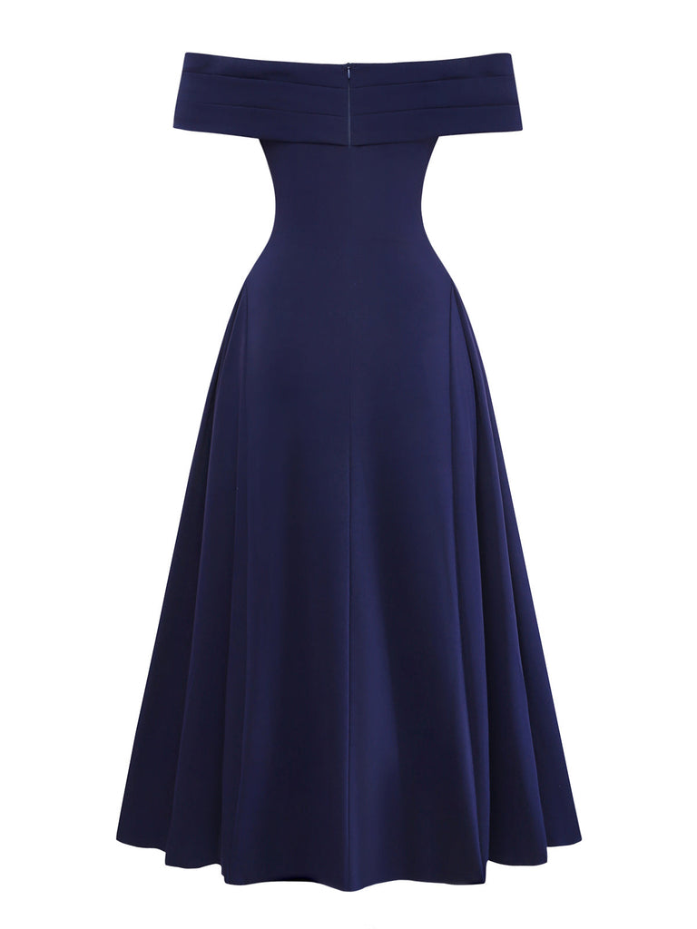Abito Svasato Spalle Scoperte con Scollo Ripiegato Blu Scuro Anni '50 3