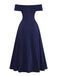Abito Svasato Spalle Scoperte con Scollo Ripiegato Blu Scuro Anni '50 3