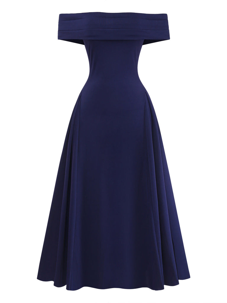 Abito Svasato Spalle Scoperte con Scollo Ripiegato Blu Scuro Anni '50 2