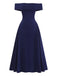 Abito Svasato Spalle Scoperte con Scollo Ripiegato Blu Scuro Anni '50 2