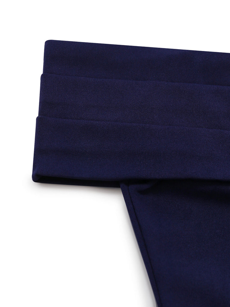 Abito Svasato Spalle Scoperte con Scollo Ripiegato Blu Scuro Anni '50 4