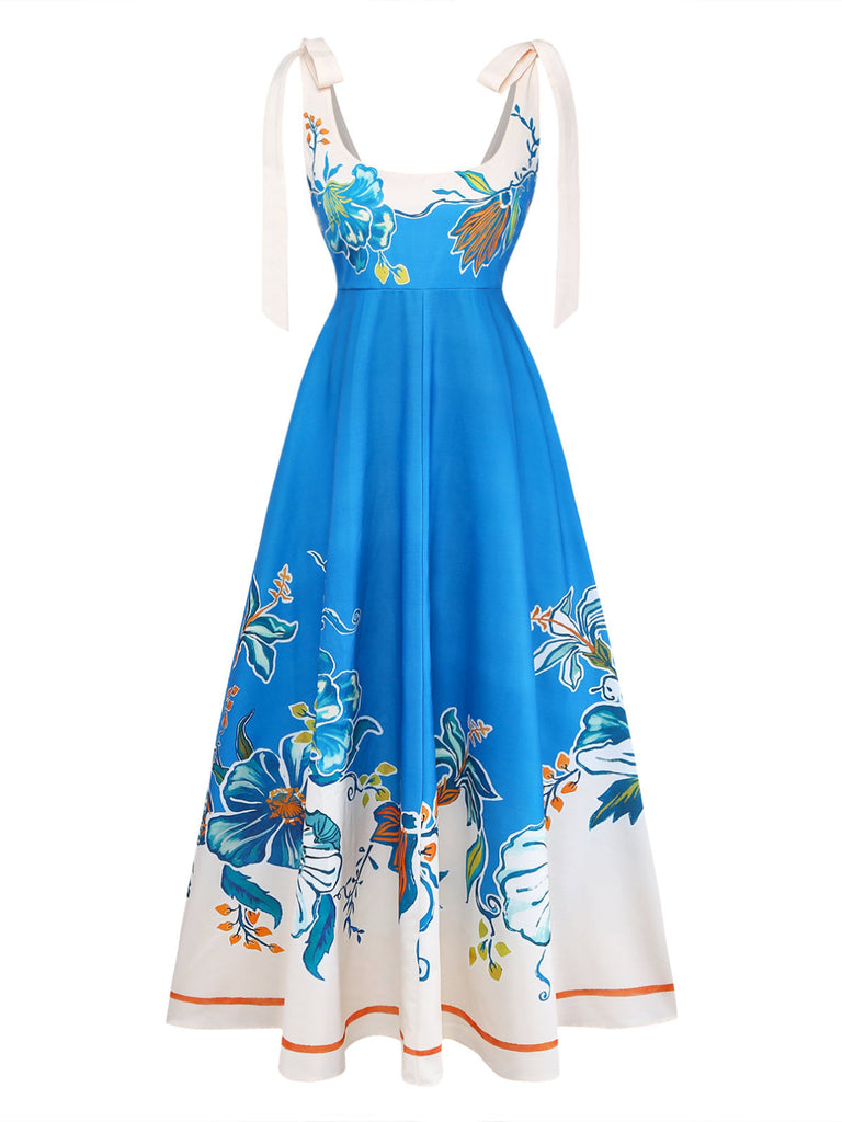 Abito Scollo Quadrato Floreale con Spalline Annodate Blu Anni '70 2