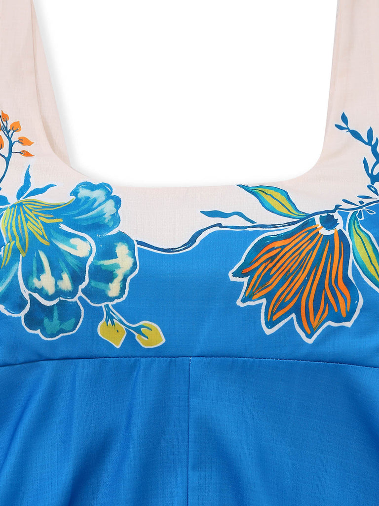 Abito Scollo Quadrato Floreale con Spalline Annodate Blu Anni '70 4