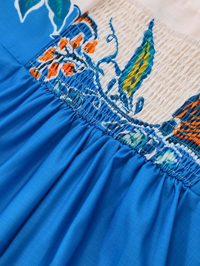 Abito Scollo Quadrato Floreale con Spalline Annodate Blu Anni '70 5