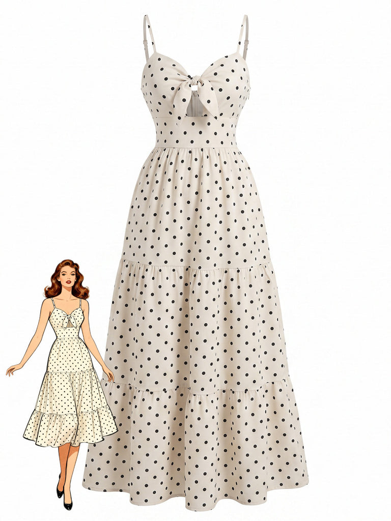 Abito Beige a Pois con Fiocco Traforato a Bretelle Anni '40
