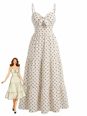 Abito Beige a Pois con Fiocco Traforato a Bretelle Anni '40