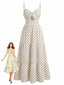 Abito Beige Anni '40 a Pois con Fiocco Traforato e Bretelle
