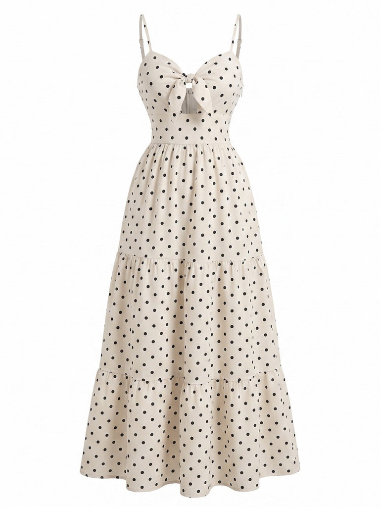 Abito Beige a Pois con Fiocco Traforato a Bretelle Anni '40 3