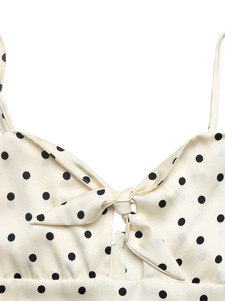 Abito Beige a Pois con Fiocco Traforato a Bretelle Anni '40 4