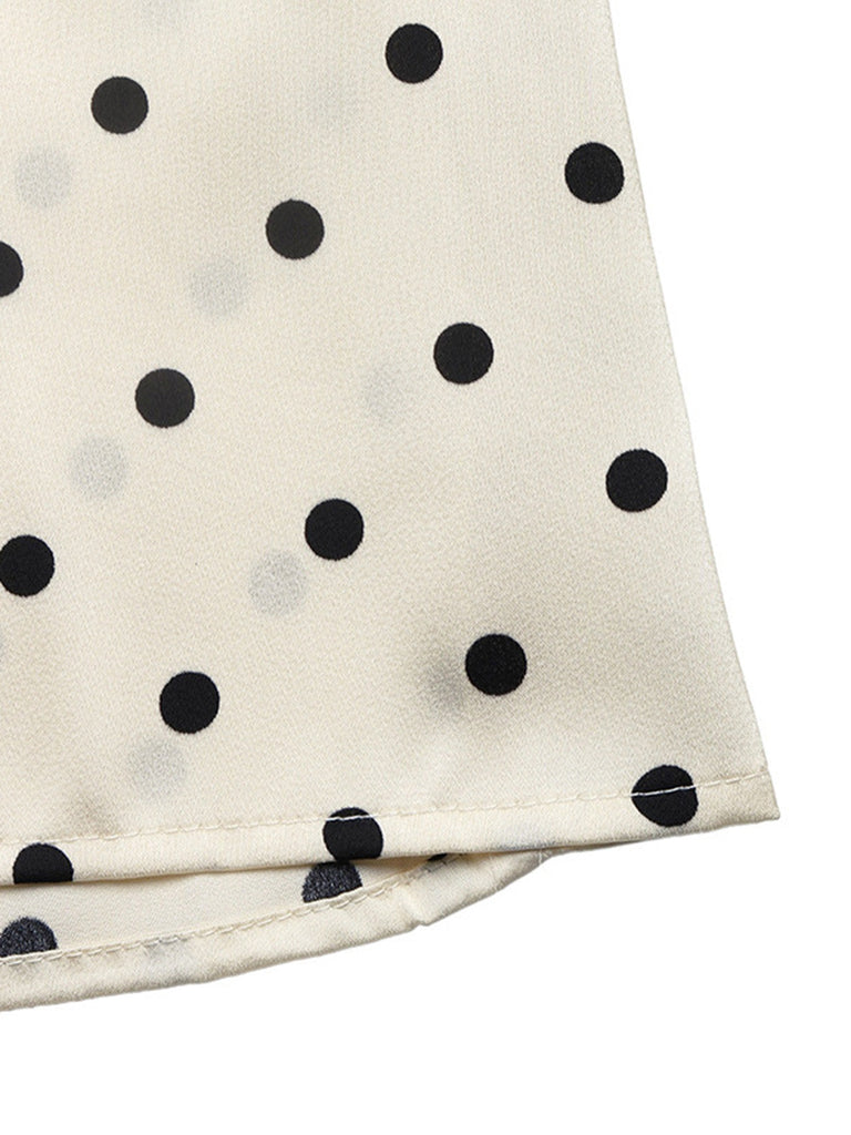 Abito Beige a Pois con Fiocco Traforato a Bretelle Anni '40 6