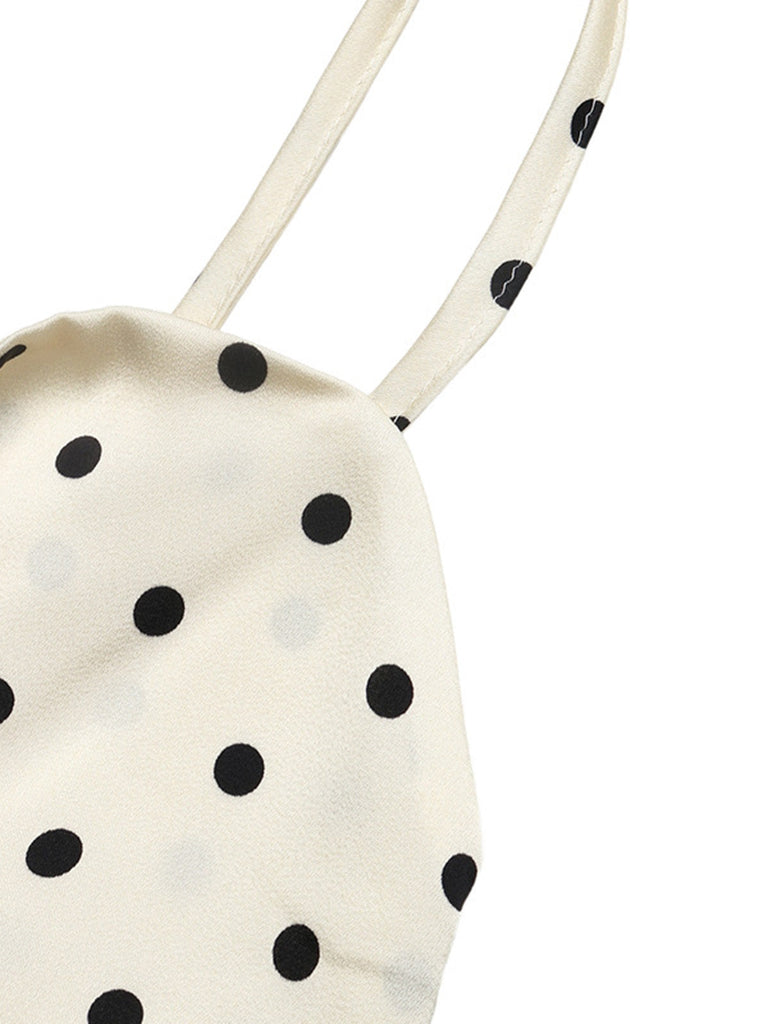 Abito Beige a Pois con Fiocco Traforato a Bretelle Anni '40 5