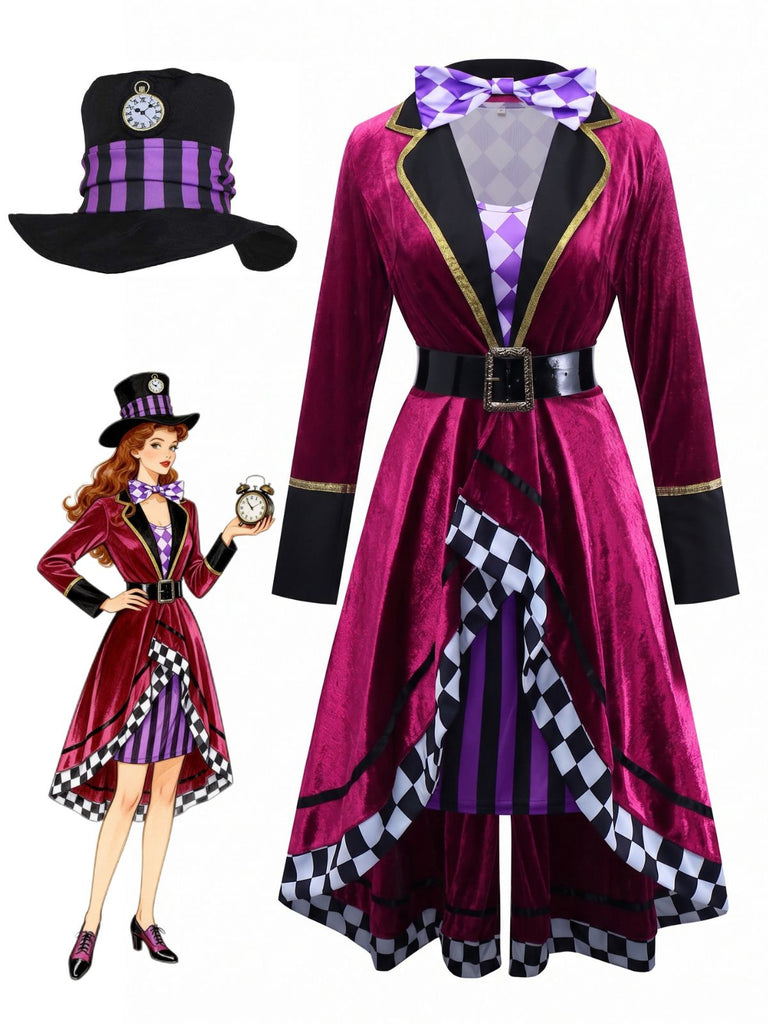 di Halloween Multicolore Anni '60 di Halloween Cappellaio Matto Maniche Lunghe Cintura Set Costume