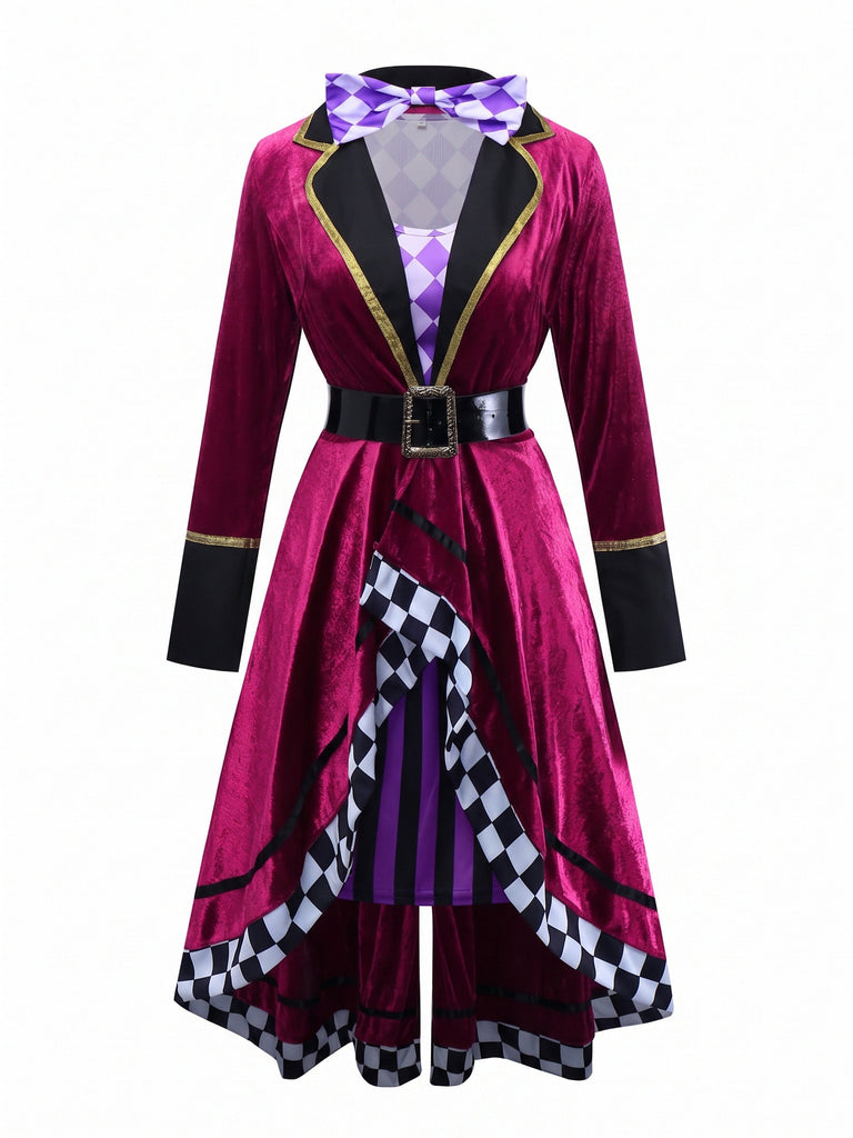 di Halloween Multicolore Anni '60 di Halloween Cappellaio Matto Maniche Lunghe Cintura Set Costume 3