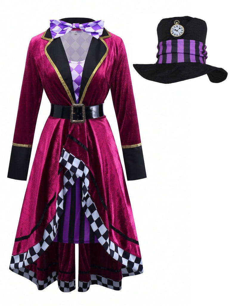 di Halloween Multicolore Anni '60 di Halloween Cappellaio Matto Maniche Lunghe Cintura Set Costume 4