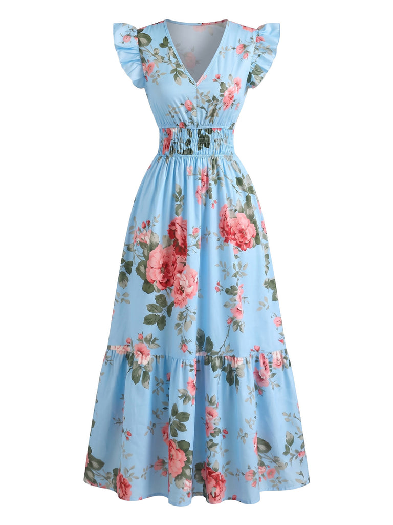 Abito Blu Scollo a V con Rose Maniche a Volant Anni '40 4