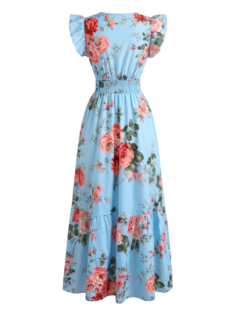 Abito Blu Scollo a V con Rose Maniche a Volant Anni '40 5
