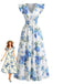 Abito Blu Scollo a V con Rose Maniche a Volant Anni '40