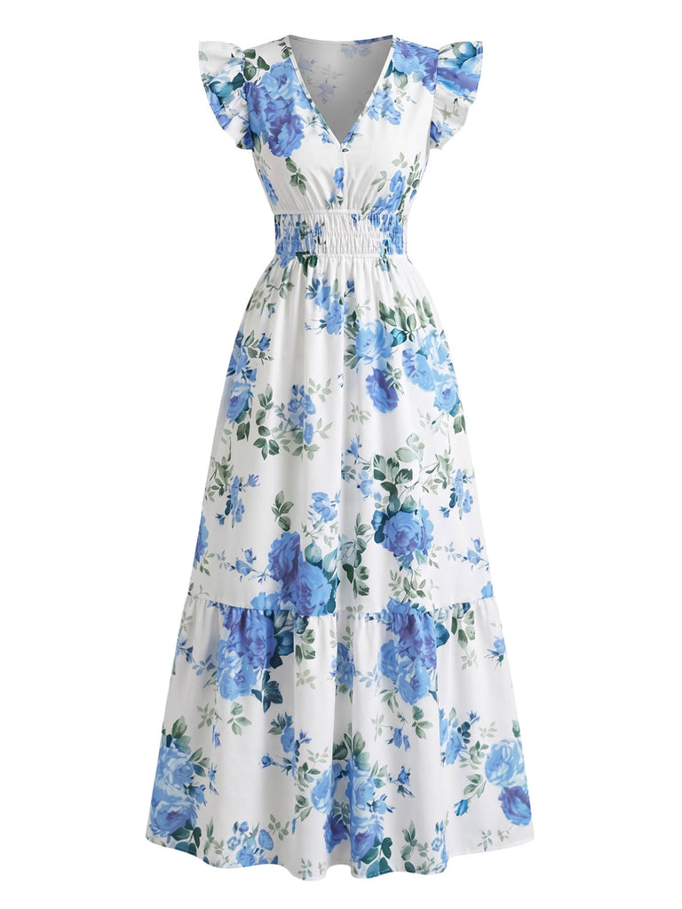 Abito Blu Scollo a V con Rose Maniche a Volant Anni '40 2