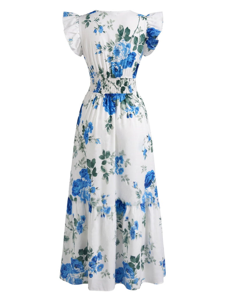 Abito Blu Scollo a V con Rose Maniche a Volant Anni '40 3