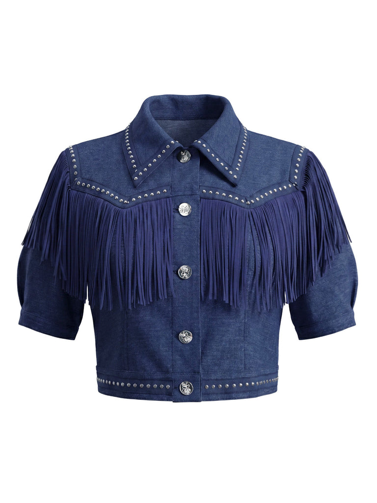[Prevendita] Giacca Corta Blu Navy in Denim con Frange e Borchie Western Anni '60 2