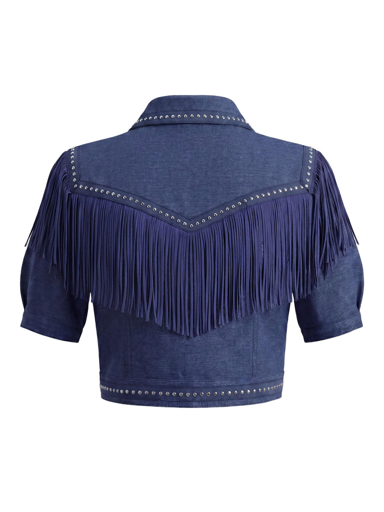 [Prevendita] Giacca Corta Blu Navy in Denim con Frange e Borchie Western Anni '60 4