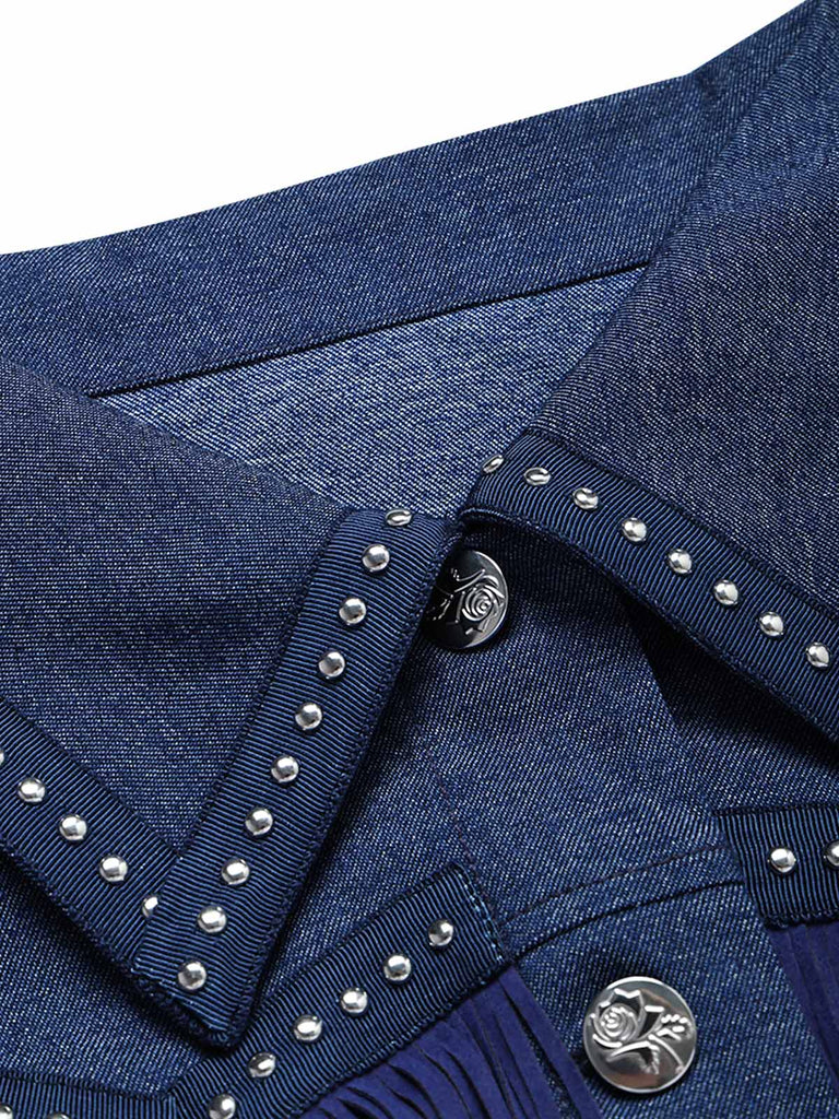 [Prevendita] Giacca Corta Blu Navy in Denim con Frange e Borchie Western Anni '60 6