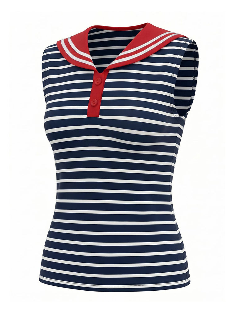 [Prevendita] Set 2 Pezzi a Righe Colletto alla Marinara Top Senza Maniche e Pantaloni con Bottoni Anni '50 7