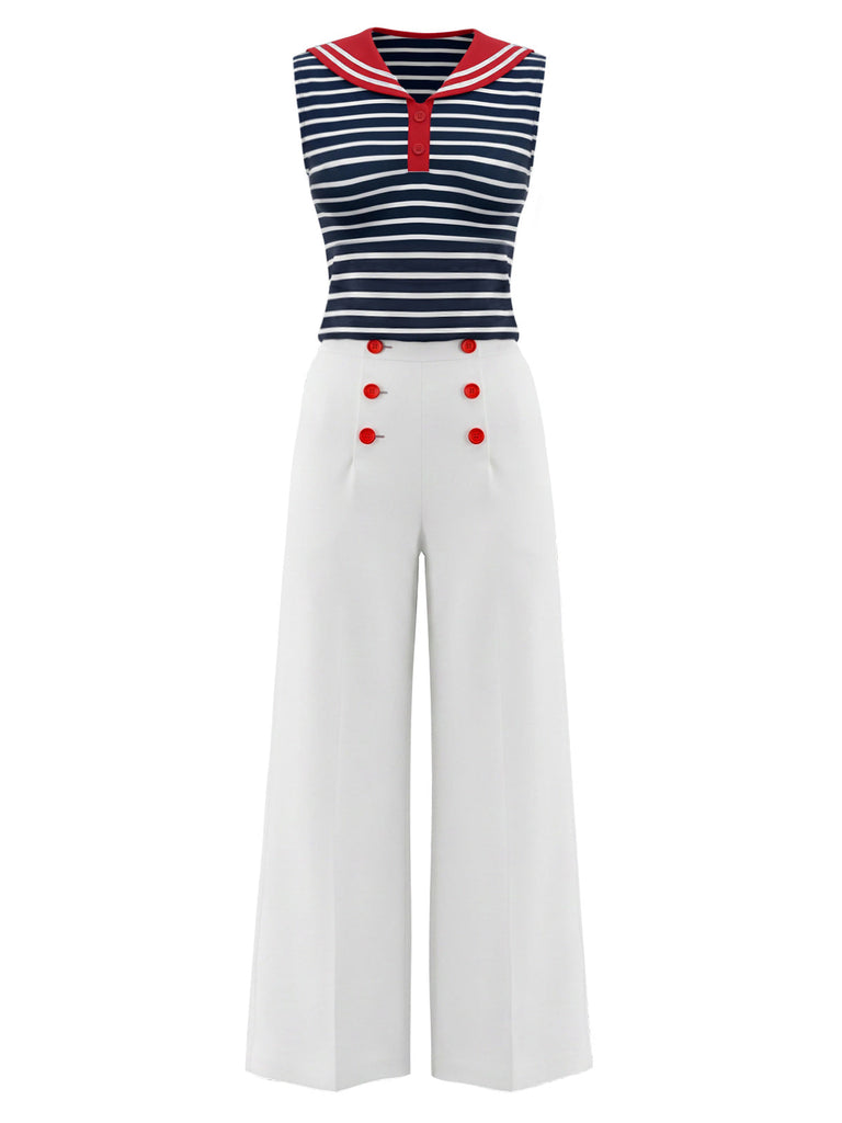 [Prevendita] Set 2 Pezzi a Righe Colletto alla Marinara Top Senza Maniche e Pantaloni con Bottoni Anni '50 2