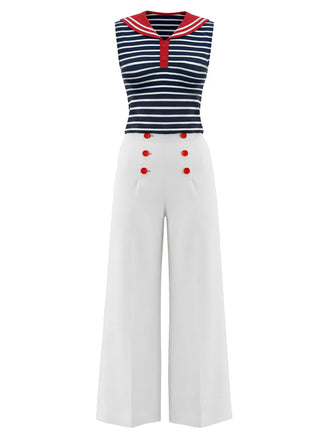 [Prevendita] Set 2 Pezzi a Righe Colletto alla Marinara Top Senza Maniche e Pantaloni con Bottoni Anni '50 2