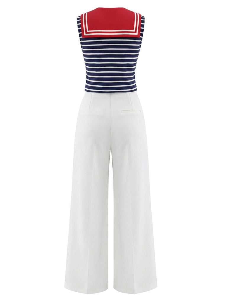 [Prevendita] Set 2 Pezzi a Righe Colletto alla Marinara Top Senza Maniche e Pantaloni con Bottoni Anni '50 4