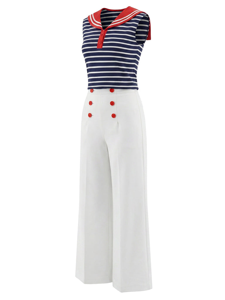 [Prevendita] Set 2 Pezzi a Righe Colletto alla Marinara Top Senza Maniche e Pantaloni con Bottoni Anni '50 3
