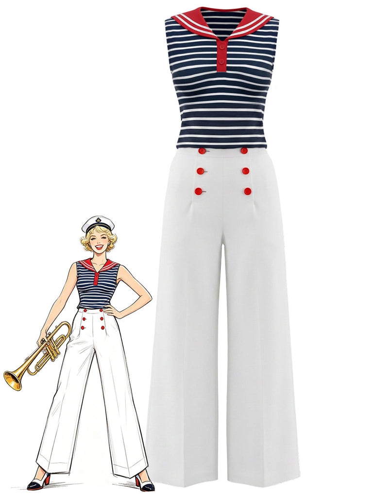 [Prevendita] Set 2 Pezzi a Righe Colletto alla Marinara Top Senza Maniche e Pantaloni con Bottoni Anni '50