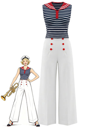 [Prevendita] Set 2 Pezzi a Righe Colletto alla Marinara Top Senza Maniche e Pantaloni con Bottoni Anni '50