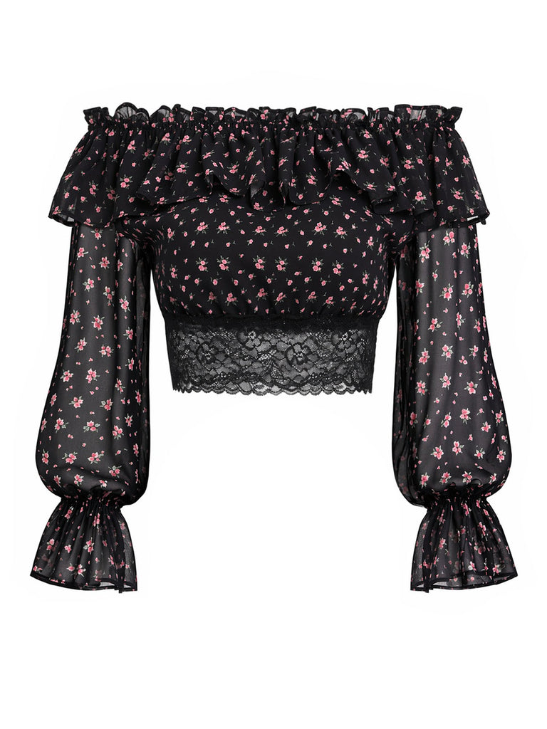 [Prevendita] Top Mini Spalle Scoperte a Piccoli Fiori in Pizzo Nero Anni '50
