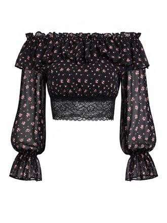 [Prevendita] Top Mini Spalle Scoperte a Piccoli Fiori in Pizzo Nero Anni '50