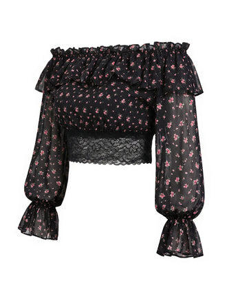 [Prevendita] Top Mini Spalle Scoperte a Piccoli Fiori in Pizzo Nero Anni '50 2