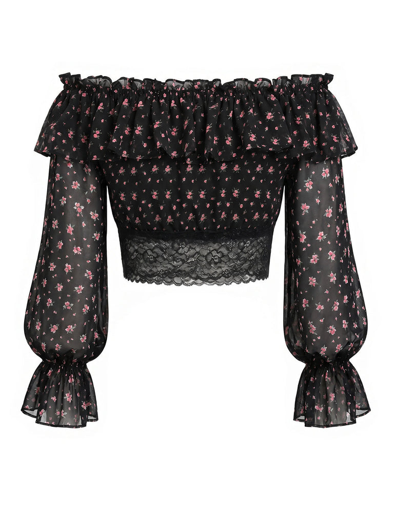 [Prevendita] Top Mini Spalle Scoperte a Piccoli Fiori in Pizzo Nero Anni '50 3