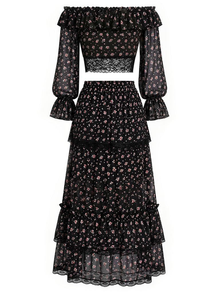 [Prevendita] 3 Pezzi Top a Piccoli Fiori in Pizzo Nero con Gonna Lunga e Gonna Mini Anni '50 2