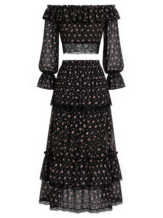 [Prevendita] 3 Pezzi Top a Piccoli Fiori in Pizzo Nero con Gonna Lunga e Gonna Mini Anni '50 2