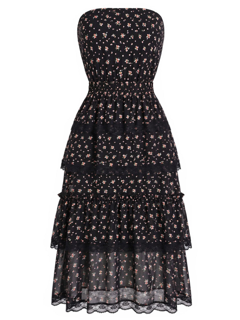 [Prevendita] 3 Pezzi Top a Piccoli Fiori in Pizzo Nero con Gonna Lunga e Gonna Mini Anni '50 4