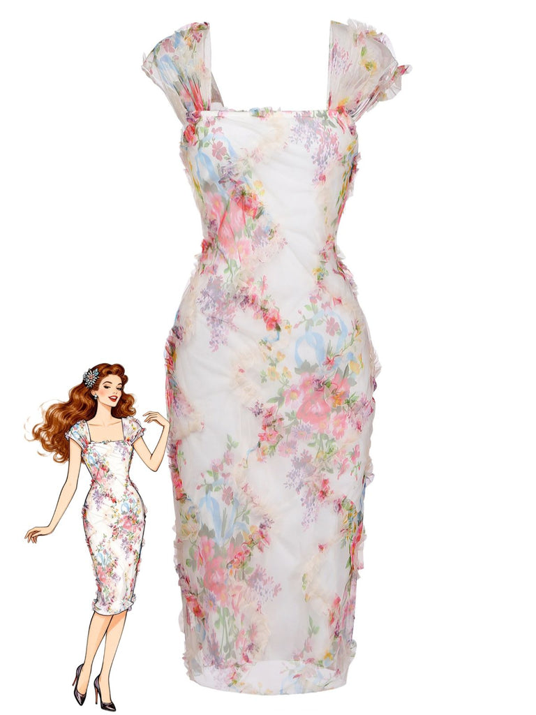Abito Aderente Multicolore Floreale in Mesh con Pieghe Anni '60