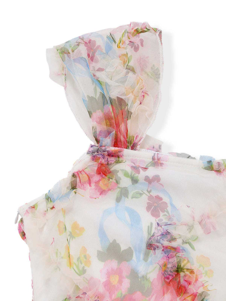 Abito Aderente Multicolore Floreale in Mesh con Pieghe Anni '60 5