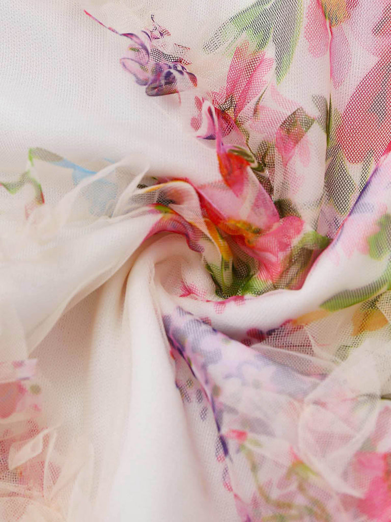 Abito Aderente Multicolore Floreale in Mesh con Pieghe Anni '60 7