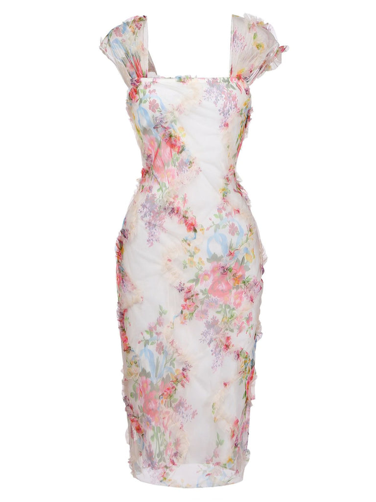 Abito Aderente Multicolore Floreale in Mesh con Pieghe Anni '60 2