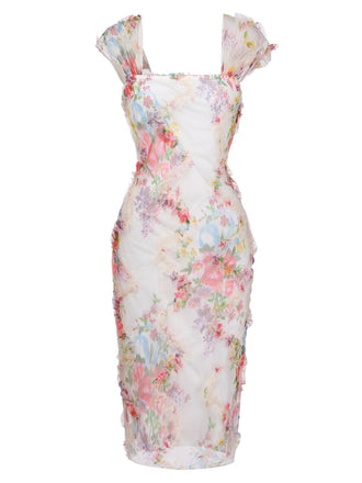 Abito Aderente Multicolore Floreale in Mesh con Pieghe Anni '60 2