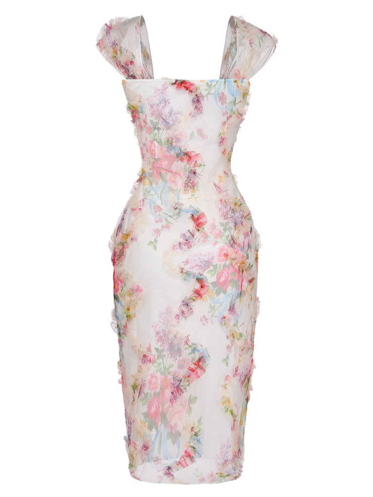 Abito Aderente Multicolore Floreale in Mesh con Pieghe Anni '60 3